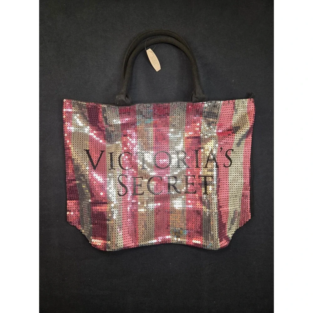 Victoria's Secret Pink Silver Sequin Stripe Tote Bag Canvas Zipper Beach shimmer